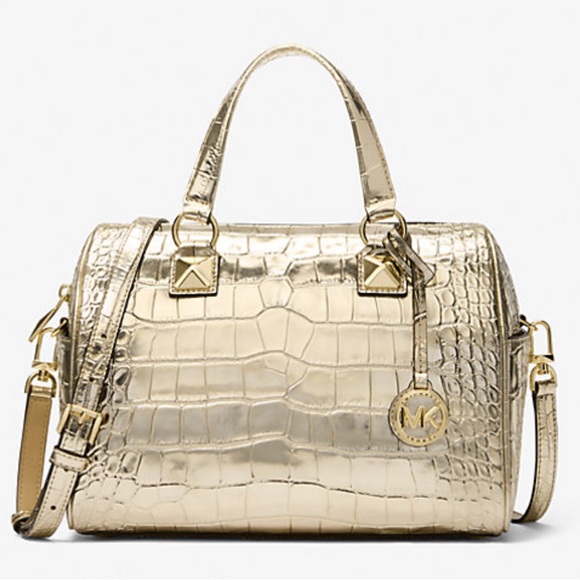 Michael Kors Grayson Md Metallic Crocodile Embossed Leather Satchel
Pale Gold NW - Picture 3 of 16